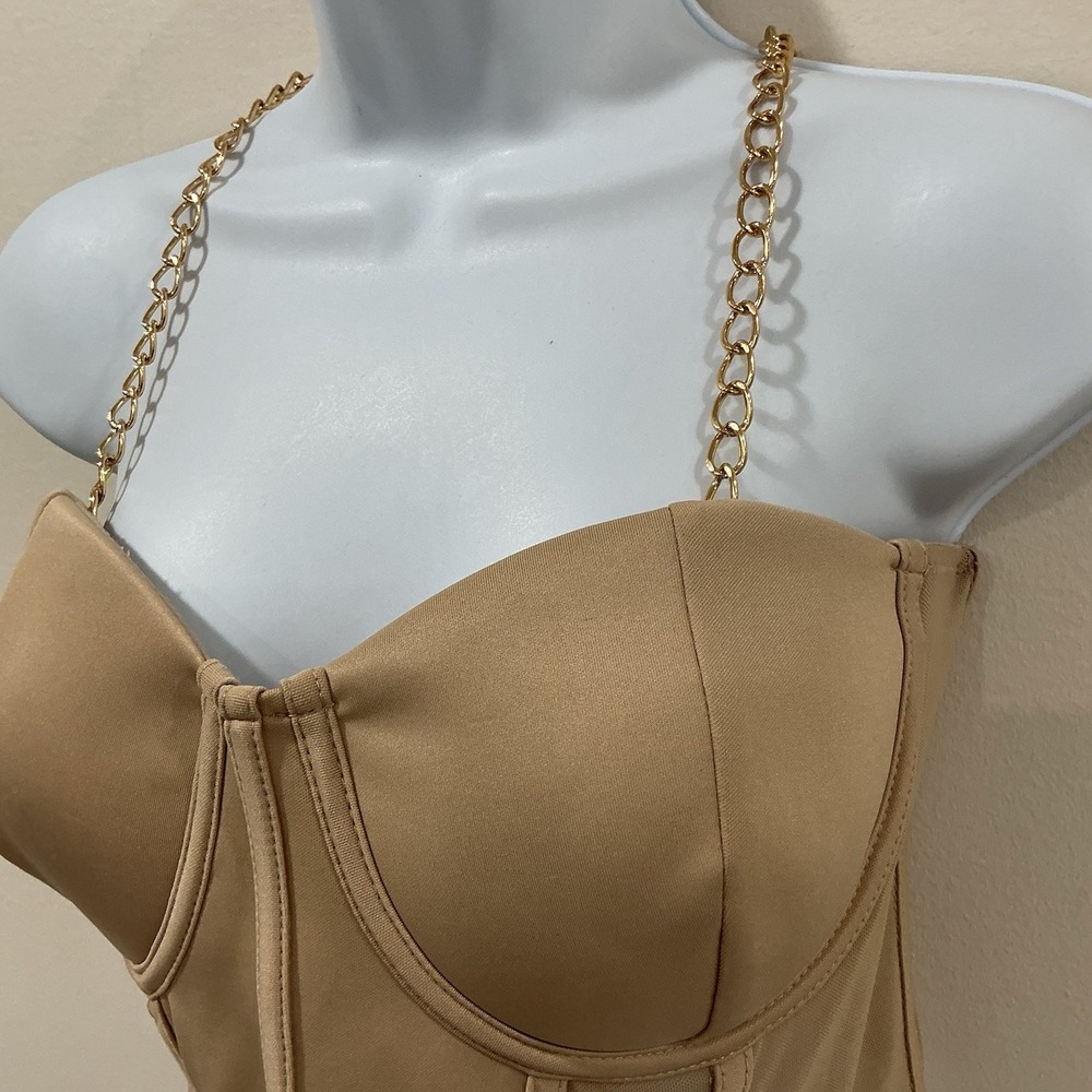 Say What Nude Crop Corset‎ Bustier Top With Chain Straps Large Sexy Zipper